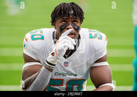 19 août 2023 : le linebacker des Miami Dolphins Mitchell Agude (50) avant un match de pré-saison entre les Miami Dolphins et les Houston Texans à Houston, Texas. Trask Smith/CSM Banque D'Images