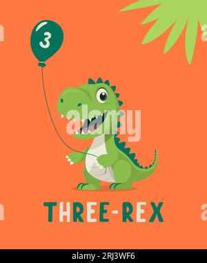 Dinosaure Tirannosaur trois Rex. Dessin animé Tirex. Carte d'anniversaire pour un enfant de trois ans. Motif vectoriel mignon et amusant dessin animé Dinosaur Illustration de Vecteur