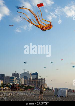 Batumi, Géorgie. 08.20.2023 Festival du cerf-volant. Cerfs-volants dans le ciel. Un spectacle dans le ciel. Le vent est comme une force. objets aériens. Formes diverses. Un beau SIG Banque D'Images
