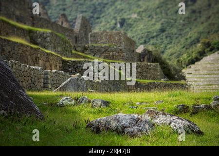 Gros plan d'un rocher couvert de mousse avec l'ancienne citadelle inca de Machu Picchu en toile de fond Banque D'Images