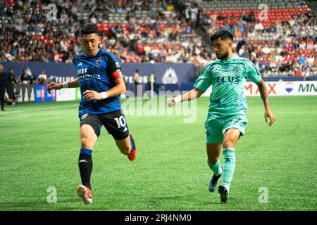 Vancouver, Canada. 20 août 2023. Vancouver, Colombie-Britannique, Canada, 20 août 2023 : Ryan Raposo (27 Vancouver Whitecaps FC) court après Cristian Espinoza (10 San Jose Earthquakes) lors du match de football de la Ligue majeure entre Vancouver Whitecaps FC et San Jose Earthquakes au BC place Stadium à Vancouver, Colombie-Britannique, Canada (USAGE ÉDITORIAL SEULEMENT). (Amy elle/SPP) crédit : SPP Sport Press photo. /Alamy Live News Banque D'Images