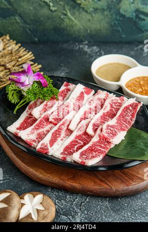 Tokujoh Karubi côte désossée - avant, partie inférieure de côte, pour barbecue japonais ou barbecue coréen。 Banque D'Images