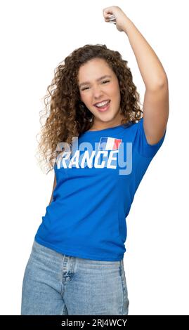 Fan de football féminin encourageant de France avec maillot bleu isolé sur fond blanc pour découper Banque D'Images