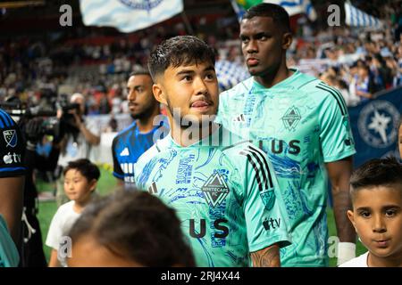 Vancouver, Canada. 20 août 2023. Vancouver, Colombie-Britannique, Canada, 20 août 2023 : Ryan Raposo (27 Vancouver Whitecaps FC) entre sur le terrain avant le match de football de la Ligue majeure entre Vancouver Whitecaps FC et San Jose Earthquakes au BC place Stadium à Vancouver, Colombie-Britannique, Canada (USAGE ÉDITORIAL SEULEMENT). (Amy elle/SPP) crédit : SPP Sport Press photo. /Alamy Live News Banque D'Images
