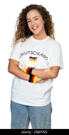 Fan de football féminin riant d'Allemagne avec maillot blanc isolé sur fond blanc pour découper Banque D'Images