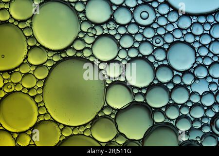 Macrophoto de gouttelettes d'huile et de bulles sur une surface d'eau Banque D'Images