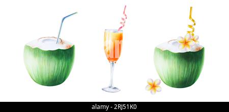 Illustration à l'aquarelle de noix de coco vertes avec des tubes pour boissons, fleurs d'orchidée et gobelet en verre avec cocktail orange avec tube rose. Cocktails de plage Banque D'Images