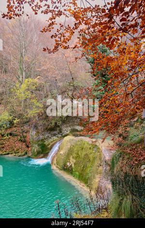 Eau turquoise à la source du Parc naturel de la rivière Uderra Urbasa-Andia, Baquedano, Navarre, Espagne, Europe. Banque D'Images