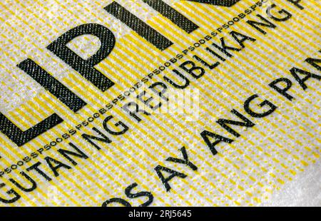 Face avant du billet de 500 peso des Philippines. 500 Peso philippin. Monnaie de l'état de l'île. Gros plan extrême de cinq cents peso. Microscopique Banque D'Images