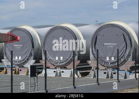 FRANCE, port du Havre, Siemens Gamesa Renewable Energy SGRE site de production d’éoliennes, pale de rotor pour la construction d’un parc éolien offshore de 500 MW Fecamp sur la côte normande / FRANKREICH, le Havre Hafen, Siemens Gamesa Erneuerbare Energie SGRE Produktionsstandort für Windkraftanlagen, Rotorblätter für den 500 MW Offshore Windpark Fecamp von électricité de France sa EDF Renewables, Enbridge Inc. und wpd Banque D'Images
