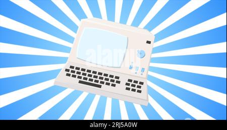 Ordinateur rétro, pc vieux hipster vintage pour geeks des années 70, 80, 90 sur fond de rayons bleus. Banque D'Images