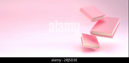 Pile 3D de livres fermés tombant dans des livres roses d'air sur fond rose. Isolé avec un chemin de détourage. Rendre la littérature éducative. Lecture Banque D'Images