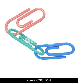 Trois clips icône 3d école. Outil volumétrique pour papier et documents. Support robuste bleu, rose et vert pour attacher des dessins et des croquis. Agrafer Banque D'Images