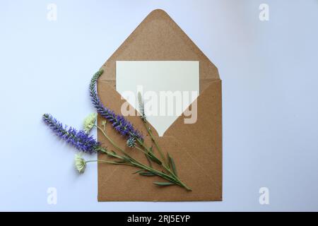 une carte de message vierge dans une enveloppe brune avec des fleurs sauvages sur le dessus Banque D'Images