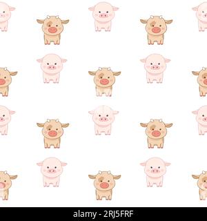 Motif animaux sans couture animaux mignons de ferme vache, mouton, poulet, cochon. Illustration vectorielle Illustration de Vecteur