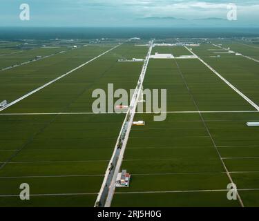 Une vue aérienne des canaux à travers les champs verdoyants de la campagne Banque D'Images