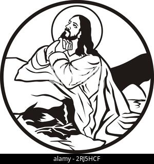 Une illustration de Jésus-Christ priant dans un désert en niveaux de gris Banque D'Images