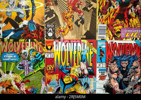 Calgary, Alberta - 17 mai 2023 : couvertures de bandes dessinées anciennes de Marvel Wolverine. Banque D'Images
