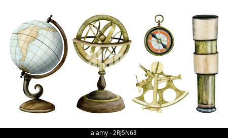 Instruments de navigation nautique de mer illustration aquarelle avec astrolabe, globe, sextant, boussole et spyglass Banque D'Images