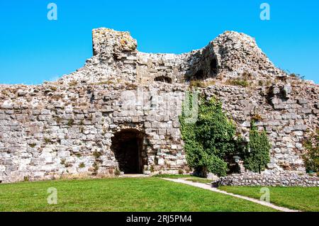 Un chemin à travers l'herbe tondue verte mène à une entrée voûtée dans les ruines d'une grande tour en forme de D dans les murs-rideaux du château de Pevensey Banque D'Images