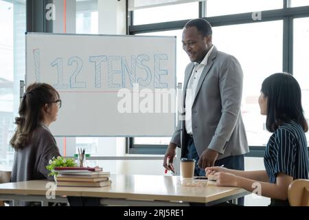 Positif amical Afro-américain tuteur anglais donnant des cours de langue à un groupe d'adultes intéressés de différents âges et nationalités assis Banque D'Images