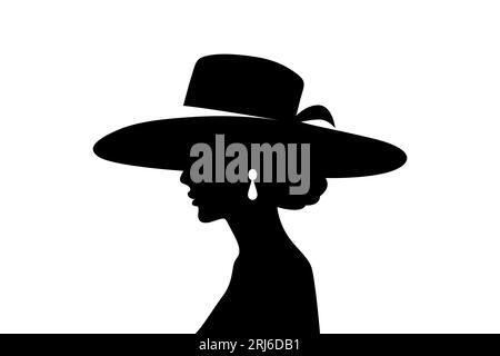 Vector Silhouette Portrait d'une femme dans un chapeau. Illustration en noir et blanc d'une belle fille, style de découpe Vintage, modèle de conception pour logo Illustration de Vecteur