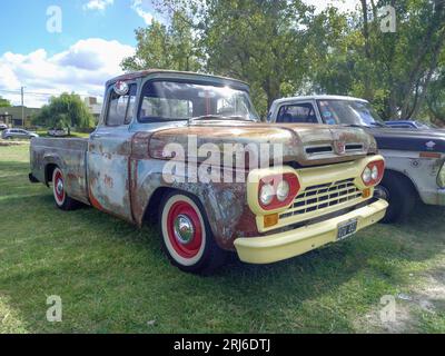 Une vieille camionnette utilitaire rouillée Ford F 100 Styleside 1960 sur la pelouse Banque D'Images