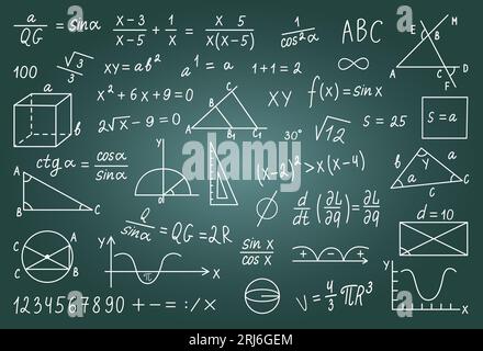 Signes mathématiques dessinés à la main sur le tableau de craie. Graphique et formule, dessin mathématique, géométrique ou physique sur tableau noir, symboles vectoriels néotériques Illustration de Vecteur