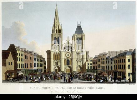 Vue du portail de l'église St Denis, prés de Paris, sépulture des rois de France, et marche sur le parvis - dans 'Paris par Courvoisier', 1827 Banque D'Images