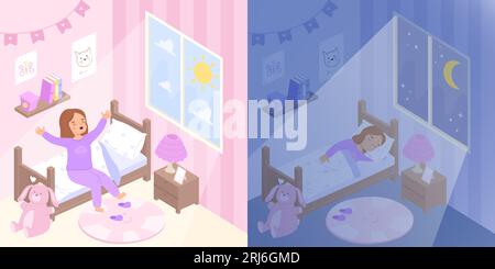 Fille dormir et se réveiller. Rêve tôt le matin et la nuit. Petit enfant au lit, détente et horaire quotidien sain. Mignon enfant de dessin animé dans la chambre confortablement Illustration de Vecteur