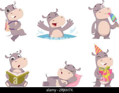 Hippo. Mignon animal sauvage de dessin animé africain en action pose la collection exacte d'hippopopotames vectoriels Illustration de Vecteur