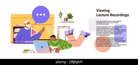 étudiants regardant les enregistrements de conférences podcast cours audio vidéo enregistrement en ligne éducation concept d'apprentissage en ligne Illustration de Vecteur