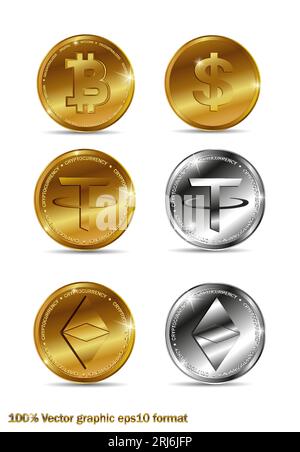 Ensemble de pièces de logo de crypto-monnaie bitcoin, btc, Ethereum, Tether, usdt. Symbole de blockchain de devise crypto isolé sur fond blanc. Réaliste Illustration de Vecteur