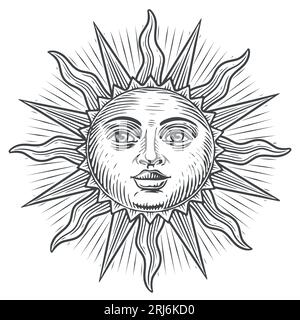 Boho soleil avec visage. Astrologie, symbole solaire. Signe magique ésotérique et occulte. Gravure illustration vectorielle vintage Illustration de Vecteur