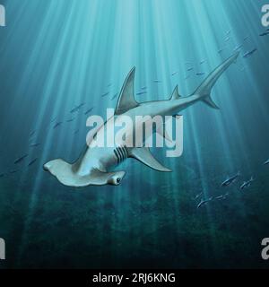 Illustration d'un requin nageur sous l'eau avec des faisceaux lumineux Banque D'Images