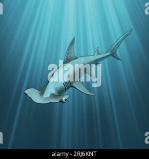 Illustration d'un requin nageur sous l'eau avec des faisceaux lumineux Banque D'Images