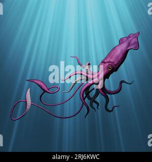 Squid géant nageant sous l'eau avec des faisceaux lumineux Banque D'Images