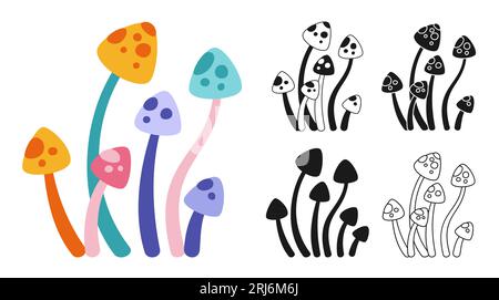 Ensemble fantastique psychédélique de champignons. Stylise le champignon hippie rétro. Forme de silhouette de dessin animé coloré ou symbole Doodle tatouage, ligne ornée surréaliste champignons spirituels alchimie dessinée collection vectorielle Illustration de Vecteur