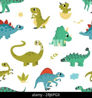 Motif sans couture Dino, motif imprimé dessin animé en tissu joyeux dinosaures. Surface mignonne de dinosaure, adorables personnages enfantins arrière-plan vectoriel classe Illustration de Vecteur