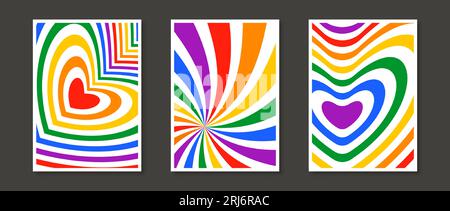 Ensemble à imprimé coeurs arc-en-ciel et rayons de soleil. Collection d'affiches abstraites colorées. Pack de papiers peints psychédéliques géométriques. Forfait mois de la fierté et modèles conceptuels pour les droits lgbt. Illustration vectorielle Illustration de Vecteur