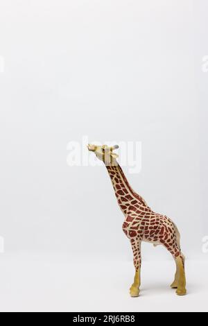 une girafe jouet en plastique sur un fond blanc Banque D'Images