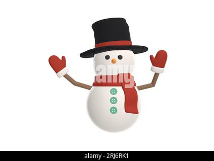 Un rendu 3D d'un bonhomme de neige portant un chapeau haut de gamme noir et des gants rouges sur fond blanc Banque D'Images