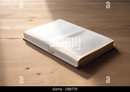 Un livre blanc à couverture rigide couché horizontalement sur une table en bois, avec des ombres subtiles Banque D'Images