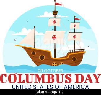 Joyeux Columbus Day Illustration vectorielle de vacances nationales des États-Unis avec le fond de navire et de drapeau américain dans les modèles dessinés à la main de dessin animé plat Illustration de Vecteur