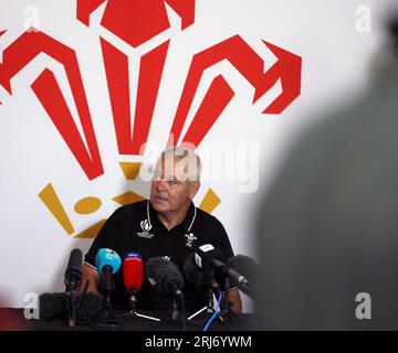 Cardiff, Royaume-Uni. 21 août 2023. Warren Gatland, l'entraîneur-chef du pays de Galles lors de sa conférence de presse de la coupe du monde de Rugby 2023 33 au Vale Resort, Hensol, pays de Galles du Sud, le lundi 21 août 2023. photo par Andrew Orchard/Andrew Orchard photographie sportive/Alamy Live News crédit : Andrew Orchard photographie sportive/Alamy Live News Banque D'Images