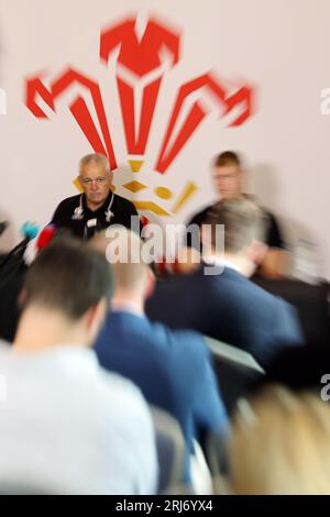 Cardiff, Royaume-Uni. 21 août 2023. Warren Gatland, l'entraîneur-chef du pays de Galles lors de sa conférence de presse de la coupe du monde de Rugby 2023 33 au Vale Resort, Hensol, pays de Galles du Sud, le lundi 21 août 2023. photo par Andrew Orchard/Andrew Orchard photographie sportive/Alamy Live News crédit : Andrew Orchard photographie sportive/Alamy Live News Banque D'Images