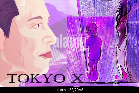 Elon Musk s'est rendu à Tokyo et a tweeté à ce sujet le 18 août 2023 et a publié plusieurs billets avec des photos de l'Infinite Crystal Universe Hall. Portrai Banque D'Images