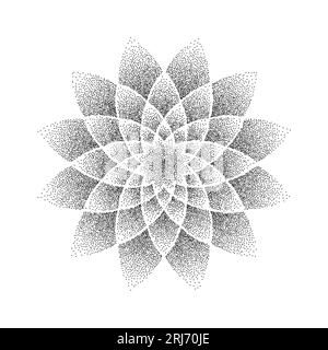 Fond de fleur de stipple. Mandala orné de pois. Forme d'étoile de grain de bruit. Décoration abstraite de pétales floraux noirs. Conception radiale de motif dotwork pour tatouage, affiche, vêtements, badge, autocollant. Vecteur Illustration de Vecteur