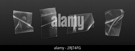 Etiquette autocollante en plastique transparente transparente à large conduit. Maquette vectorielle 3D de texture de papier réaliste adhésive. Jeu de gabarits de maquette de pièce de recouvrement de colle collante. Vieux scotch avec bulle d'air et icône de rides Illustration de Vecteur