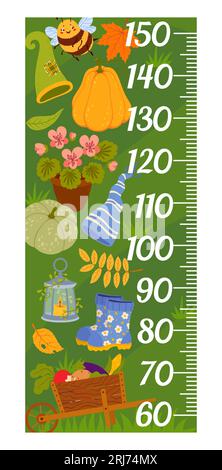 Tableau des tailles pour enfants. Objets GNOME, feuilles d'automne et outils de jardin. Appareil de mesure de croissance vectorielle Kids. Autocollant mural pour la mesure de la taille des enfants avec dessin animé DW Illustration de Vecteur